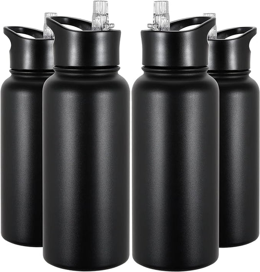 32 oz Insulated Water Bottle Bulk 4 Pack, Stainless Steel Sports Water Bottles with Straw Lid & Wide Mouth Lids, Double Walled Vacuum, Leak Proof, Black