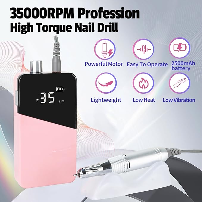 Electric Nail Drill Machine 35000RPM Professional Portable Nail File Cordless Rechargeable Nail Efile for Acrylic Gel Nails Manicure Pedicure Polishing Shape Tools for Salon (Pink)