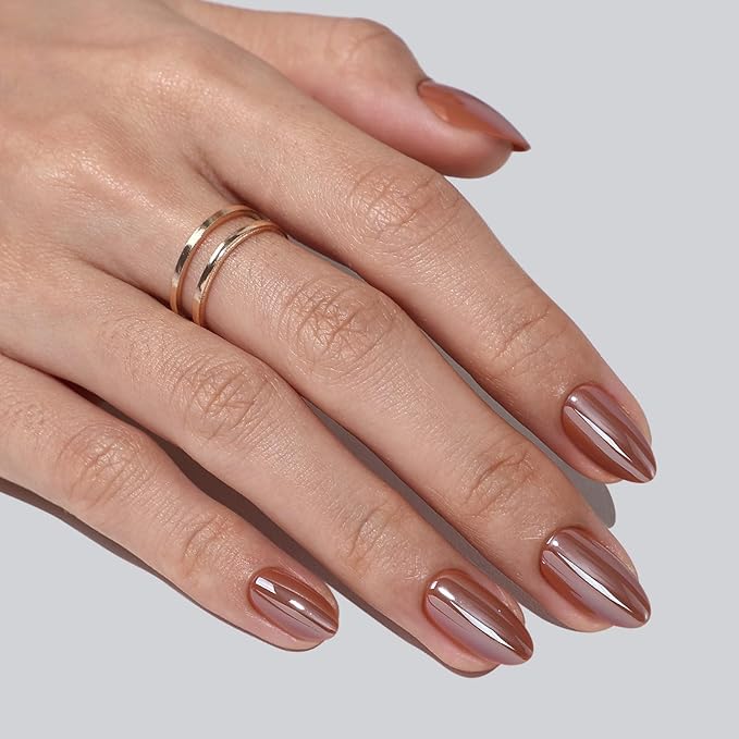 Brown Press on Nails Short - Soft Gel Almond Chrome Press on Nails for Women, Glossy Glue on Nails with Glue, 16 Sizes - 32 Reusable Fake Nails Kit, Molten Mocha