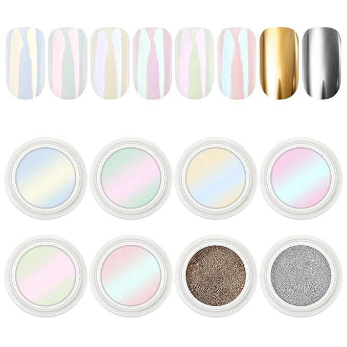 AIMEILI Pearl Chrome Nail Powder, Vegan, Cruelty Free, 8 Colors Aurora Metallic Holographic Mirror Effect Nail Art Pigment Iridescent Shell Glitter Nail Art