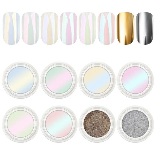 AIMEILI Pearl Chrome Nail Powder, Vegan, Cruelty Free, 8 Colors Aurora Metallic Holographic Mirror Effect Nail Art Pigment Iridescent Shell Glitter Nail Art