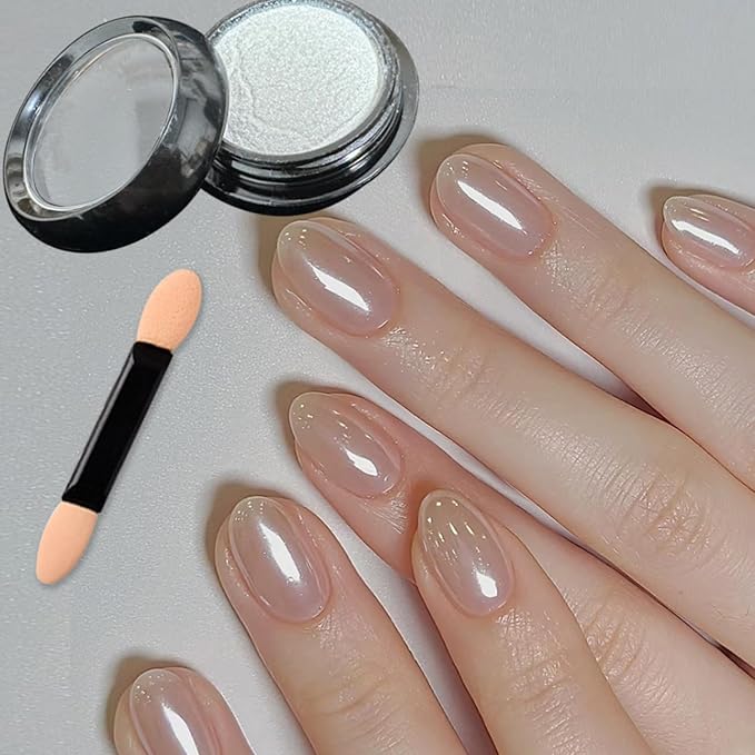 Holographic White Pearl Chrome Nail Powder Mirror Effect Metallic Sequins UV Gel Nail Chrome Powder Pigment for Nail Art Decoration, White Pearl Chrome Powder for Nails