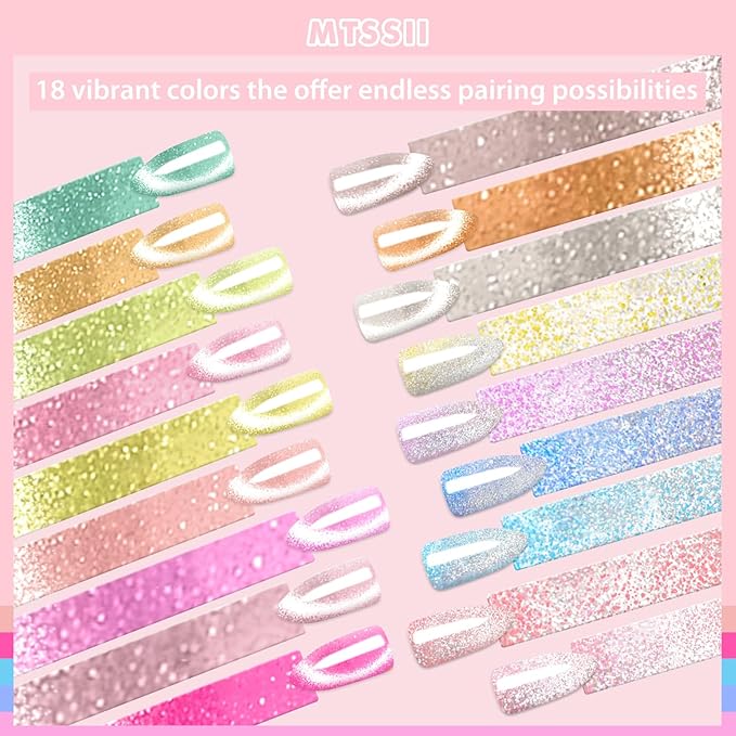 MTSSII 18PCS Cat Eye Gel Nail Polish Set with Magnet, Sea Spirit Magic Cateye Gel Polish Pink Green Blue Yellow Glitter Shinny Magnetic Nail Polish Soak Off LED Manicure Nail Art