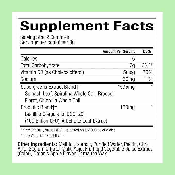 Plant People WonderGreens Veggie Gummies Super Greens with Probiotics Multivitamin Support Gummy for Wellbeing, Energy, Immune and Gut Health, Green Apple Flavor (60 Count)