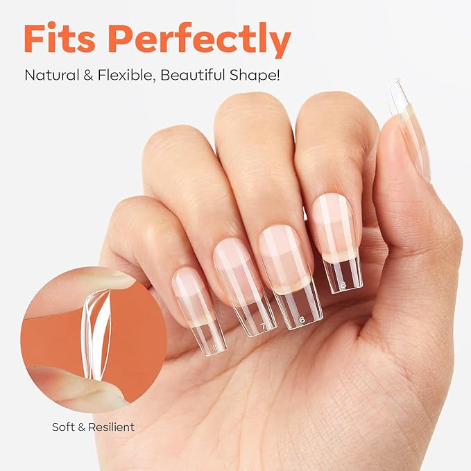 modelones Medium Square Nail Tips, Pre-shaped Soft Gel Tips Fake Nails False Acrylic Clear Full Cover Press on Extension Kit Gel Manicure DIY at Home 216PCS 12Sizes