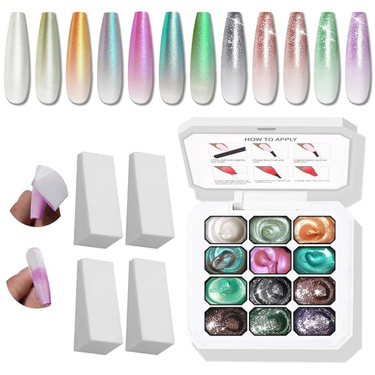 Christmas Pearl Gel Nail Polish, 12 Colors Glitter Ombre Gel Polish Palette Pat Paint Aurora Mermaid Gold Silver Green Pink Sparkle Reflective Holographic Nails Art, No Wipe, UV/LED Curing (Palette B)