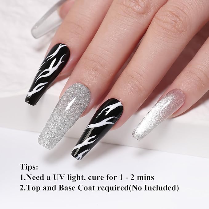 10ml Hema Free Gel Nail Polish Set, 6 Colors Cat Eye Black White Gray Silver Glitter Shimmer Gel Polish Kit with Magnet Sparkle Galaxy Series Soak Off Manicure for Salon and Nail Art DIY