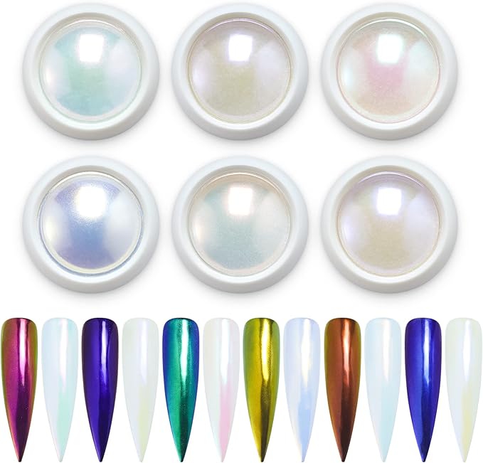 Artdone 6pcs Chrome Nail Powder White Pearl Unicorn Mermaid Aurora Nail Powder,Iridescent Chameleon Effect Nail Color Metallic Mirror Chrome Powder Kit for Nail Art Gel Polish kit