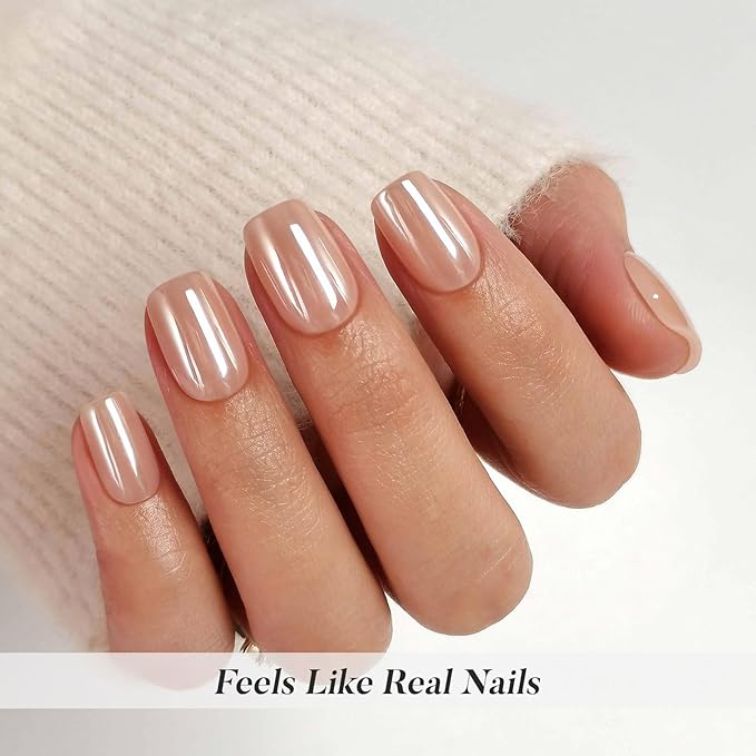 Nude Chrome Press on Nails Square - Soft Gel Short Press on Nails for Women Gift, Fit Perfectly & Natural Glue on Nails in16 Sizes - 32 Reusable Fake Nails with Glue, Aurora Nude
