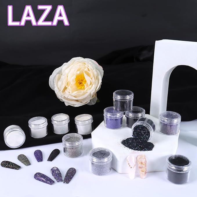 Laza 12 Colors Nail Glitter Powder Shining Sugar Effect Glitter Black White Dust Sand Powder Candy Coat Manicure Nail Art Decoration for Nail Art Tips Decoration DIY Crafts