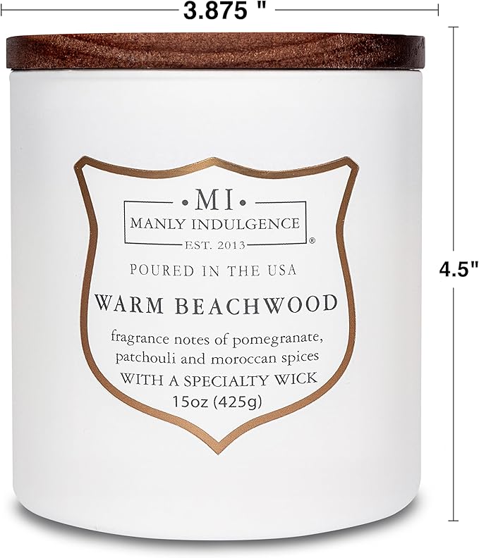 Manly Indulgence Warm Beachwood Scented Candles for Men, 15 oz Wooden Wick, Premium Soy Blend Wax, 60H Burn, Candles for Home Scented - Made in The USA