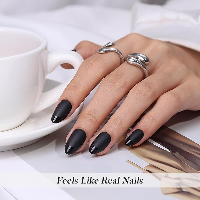 Soft Gel Black Press on Nails Almond - Short Nails with Glossy French Tips in a Matte Finish, Stick on Nails with Glue in 16 Sizes - 32 Reusable Fake Nails for Women, Matte Black