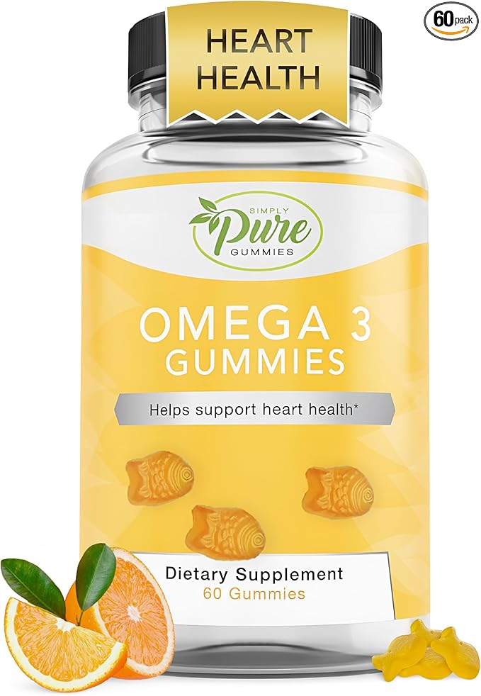 Pure By Nature Omega 3 Gummies for Adults & Kids, Omega 3 Fatty Acid Supplements with Omega 3 6 9 for Circulatory Support, No Fish Oil Orange Flavor Omega Gummies, 60 Days Supply (60 Count)