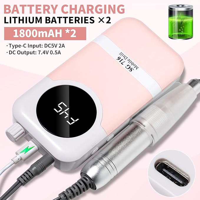 LIMEGIRL Professional Electric Nail Drill Kit 45000RPM Portable Cordless Toenail Cordless Toenail Machine with 14 Drill Bits and Base for Women (Pink)