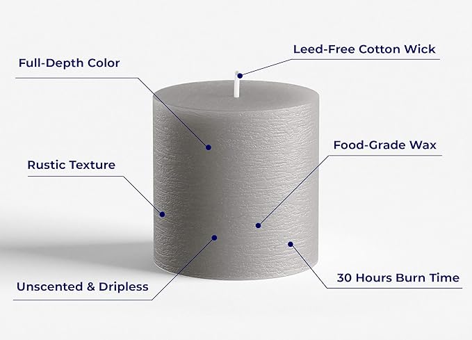 Set of 3 Pillar Candles 3" x 3" Unscented Handpoured Weddings, Home Decoration, Restaurants, Spa, Church Smokeless Cotton Wick - Grey