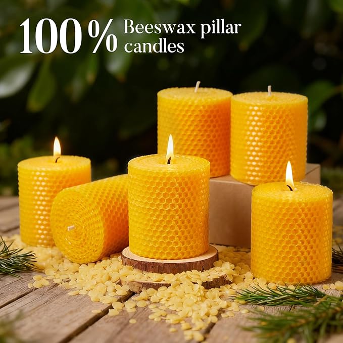 Beeswax Pillar Candles, 3x3 Inch -Set of 3 Hand-Rolled Honeycomb Candle - Long Burning 50+ Hours, Dripless Smokeless Unscented Handmade Beeswax for Home Decor, Prayer, Wedding,SPA