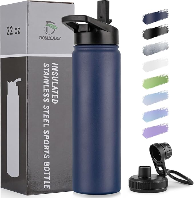 DOMICARE Insulated Water Bottle, 22 oz Vacuum Insulated Stainless Steel Reusable Sports Bottle with Straw Lid & Spout Lid for Travel, Camping, Bike, Leakproof, Navy Blue, 1 Pack