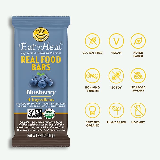 EatToHeal Blueberry Real Food Bar - Organic Protein Bars, Vegan Food, Healthy Gluten Free Protein Food - Low Sugar Protein Bars, Non GMO, Never Baked, Plant Based Organic Snacks - Crafted to Enjoy