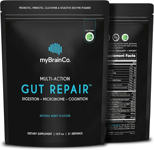 myBrainCo. Gut Repair – Gut Health & Digestion Support Powder for IBS, Bloating, Reflux & Leaky Gut – Low FODMAP Certified with Probiotics, Prebiotics, Enzymes & Glutamine – 310g
