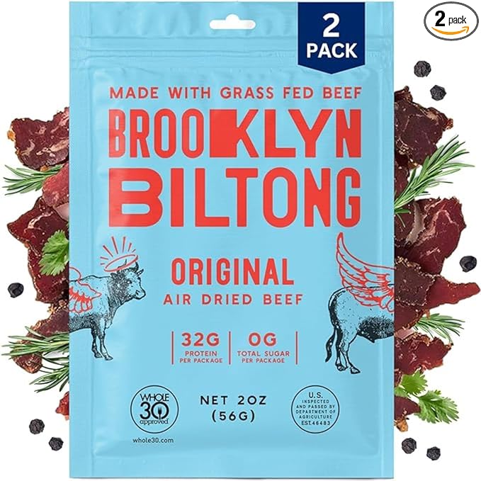 Brooklyn Biltong Air Dried Grass Fed Beef Snack, South African Beef Jerky (2 oz, Pack of 2) - Whole30 Approved, Paleo, Keto, Gluten Free, Sugar Free, Made in USA - (Original)