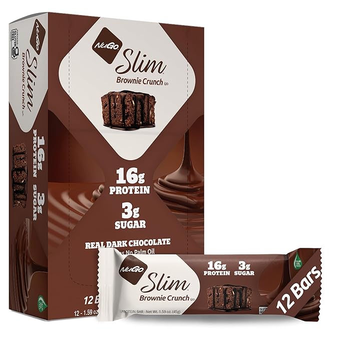 NuGo Slim Dark Chocolate Brownie Crunch, 16g Protein, 3g Sugar, 7g Fiber, Low Net Carb, Keto Friendly, Gluten Free, 12 Count