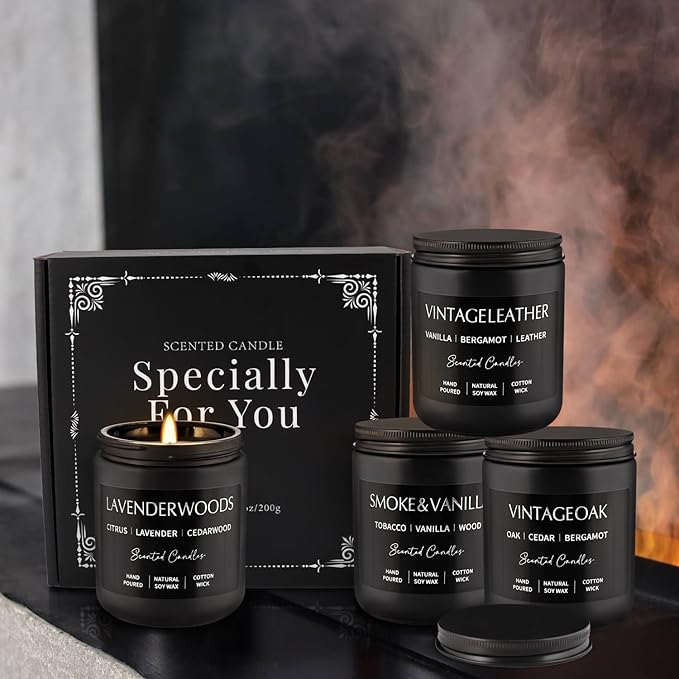 4Psc Scented Candles Set,7oz Gifts for Men Aromatherapy,Soy Candle of Smokeless - Leather & Smoke, Vanilla Oakmoss, Lavender - Relaxing Fragrance for Home, Office, Yoga(Black)
