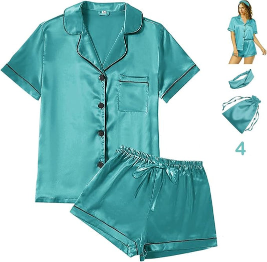 4Pcs Womens Satin Silky Pajama Sets Short Sleeve Shirt XS-4XL Floral Pajamas Set Soft PJ Loungewear Sleepwear