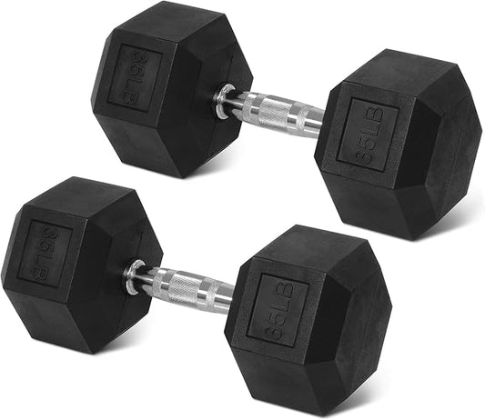 Rubber Encased Hex Weights Dumbbells Set of 5 – 50 lb Pair | Cast Iron Hand Weights with Anti-Slip Grip for Home Gym Strength Training
