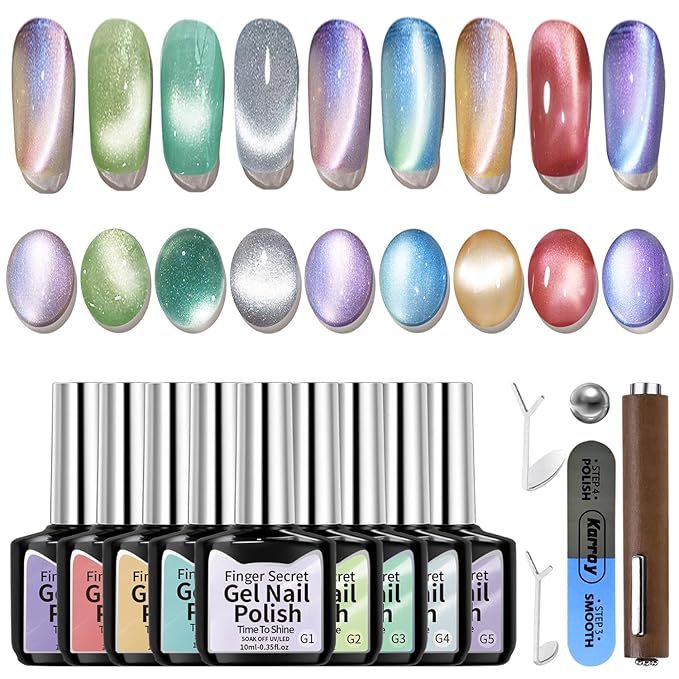 Gel Nail Polish Set, Cat Eye Gel Polish Kit, Holographic Magnetic Shimmer Glitter Purple Pink Red Blue Green Gray Aurora Nail Art, Manicure Salon DIY Gifts, Soak Off, UV/LED Cured (9 Colors H)