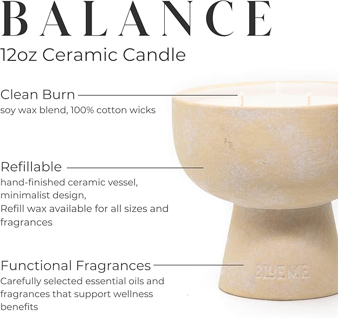 BLUEME White Lotus & Tea, Luxury Candle w/Essential Oils, 3 Wick, Hand-Poured Soy, Cotton Wick, Ceramic