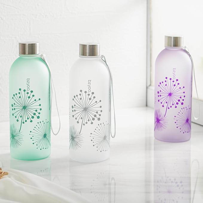 bzyoo 32oz 1 Liter Clear Water Bottle with Time Marker, Dandelion Design, Durable Plastic, BPA-Free, Reusable with Measurement Markings for Fitness and Outdoor Activities (Color: Silver)