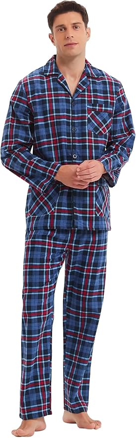 GLOBAL Men's Pajamas Sets 100% Cotton Flannel Sleepwear Long-Sleeve top & Bottom