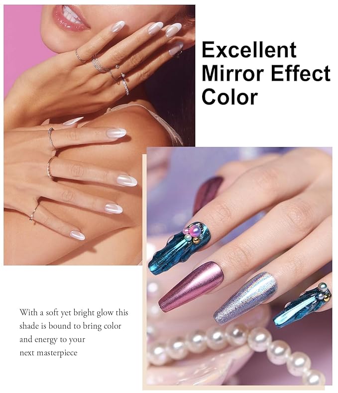 Chrome Nail Powder Set - Metallic Mirror Effect Holographic White Pearl Chrome Nail Powder for Gel Nails DIY Manicure Nail Art Decoration Gift for Women