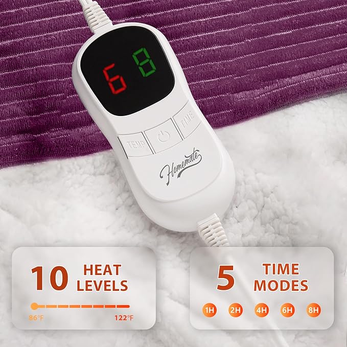 Homemate Electric Heated Blanket Twin Size - 62"x84" Heating Blanket Twin Size 1/2/4/6/8 Hours Auto-Off 10 Heat Level Over-Heat Protection Soft Flannel Sherpa ETL Certification