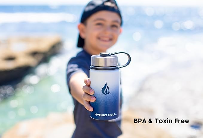 HYDRO CELL Stainless Steel Insulated Water Bottle with Straw - For Cold & Hot Drinks - Metal Vacuum Flask with Screw Cap and Modern Leakproof Sport Thermos for Adults (Navy/White 14oz)