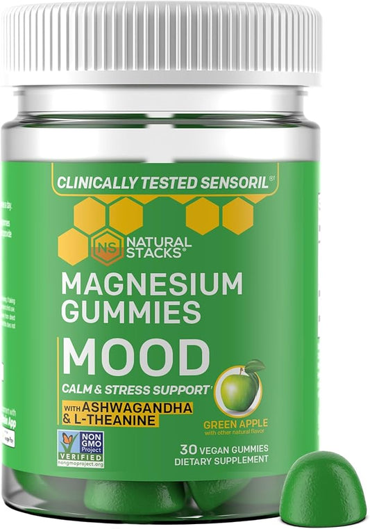 Zen Magnesium Gummies - 200mg Magnesium Citrate & 125mg Sensoril Ashwagandha Gummies - with L Theanine for Calm & Stress Support - Mag Citrate and Ashwagandha Supplement - 30 Green Apple Chewables