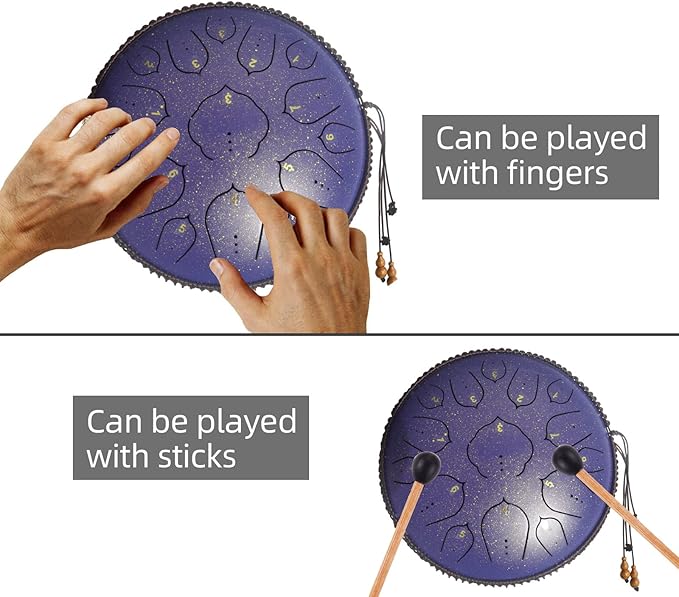 14 Inch 15 Notes D Major Steel Tongue Drum,Premium Adult's Music Hand Drum Instrument,Clean Clear Ethereal Sounds,Purple