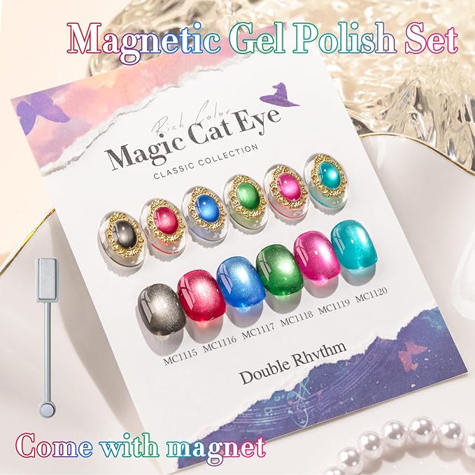 Double Rhythm Cat Eye Gel Polish Set 6 Colors Shimmer Glitter with Magnet Holographic Reflective Magnetic UV Gel Polish Art Kit (Black Burgundy Green Navy 6-Kit 41)
