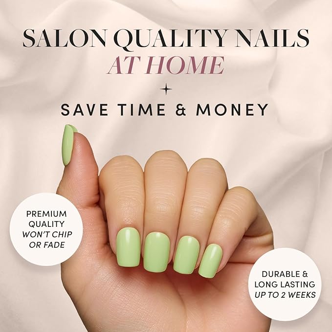 Glamnetic Press On Nails - Light Sage | Short Squoval Green Fake Nails with Glossy Finish, Salon Quality | 15 Sizes - 30 Nail Kit with Glue