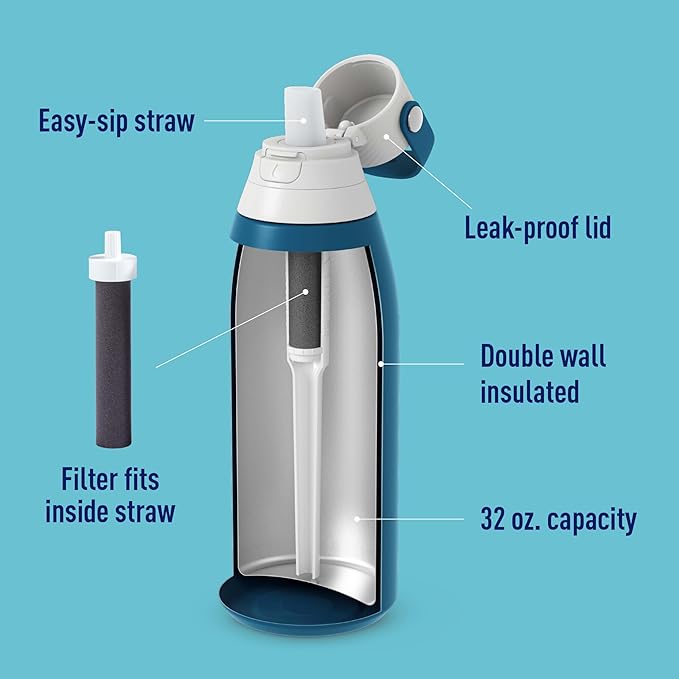 Brita Stainless Steel Premium Filtering Water Bottle, BPA-Free, Reusable, Insulated, Replaces 300 Plastic Water Bottles, Filter Lasts 2 Months or 40 Gallons, Includes 1 Filter, Marina - 32 oz.