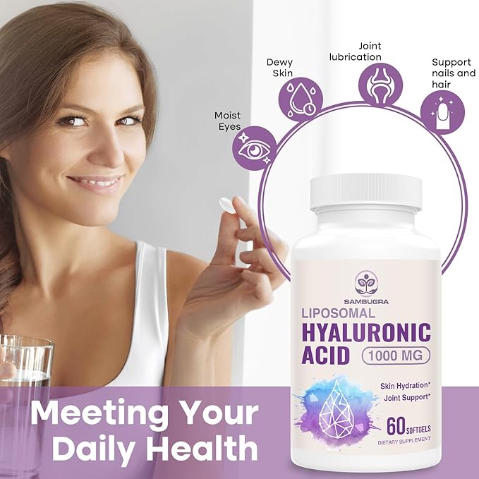 Liposomal Hyaluronic Acid 1000mg, High BioavailabilityHyaluronic Acid Capsules, Dietary Supplement Support Skin and Bones, 60 Capsules