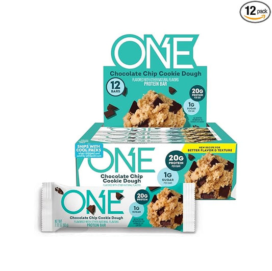 ONE Protein Bars, Chocolate Chip Cookie Dough, Gluten Free with 20g Protein and 1g Sugar, Pantry Staples, 2.12 oz (12 Count)
