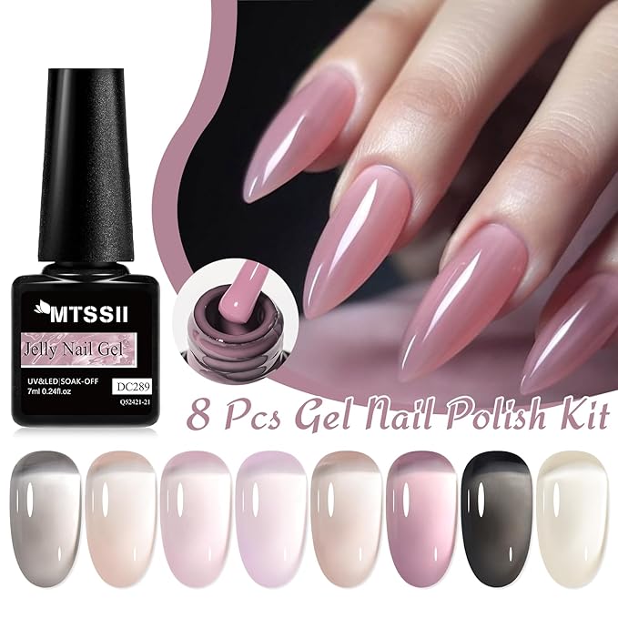 MTSSII 8 Colors Jelly Gel Nail Polish Set, Transparent Nude Pink Black Grey Sheer Nail Polish, UV Gel for Nail Manicure DIY Art Salon Home