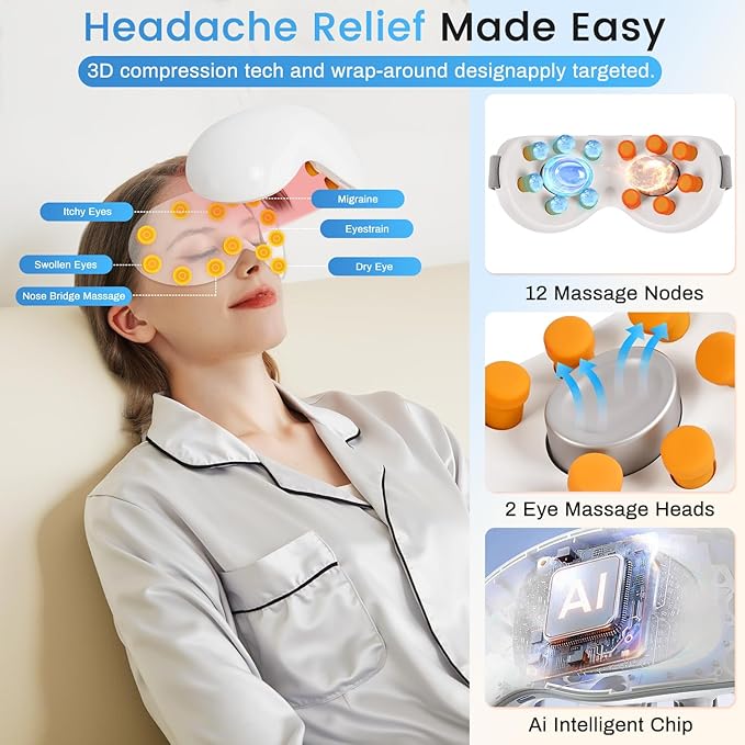 Eye Massager with Heat and Cooling for Migraines – 14 Massage Nodes for Eye Strain Relief, Rechargeable Bluetooth Music, Improve Sleep, Birthday & Holiday Gifts for Women and Men (White)