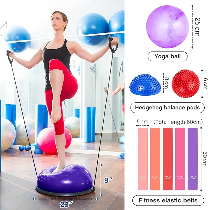 Honoson Half Ball Trainer Yoga Ball with Resistant Band Foot Pump Set, Half Exercise with Fitness Elastic Belt Hedgehog Balance Pods for Core Stability Full Body Workout Gym
