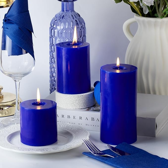 KONNI Classic Blue Pillar Candles Set of 3, 3"x 3" Unscented Pillar Candles Bulk, 30 Hours Long Burning Candles, Smokeless&Dripless Large Round Candle for Wedding, Home Decoration, Parties, Spas