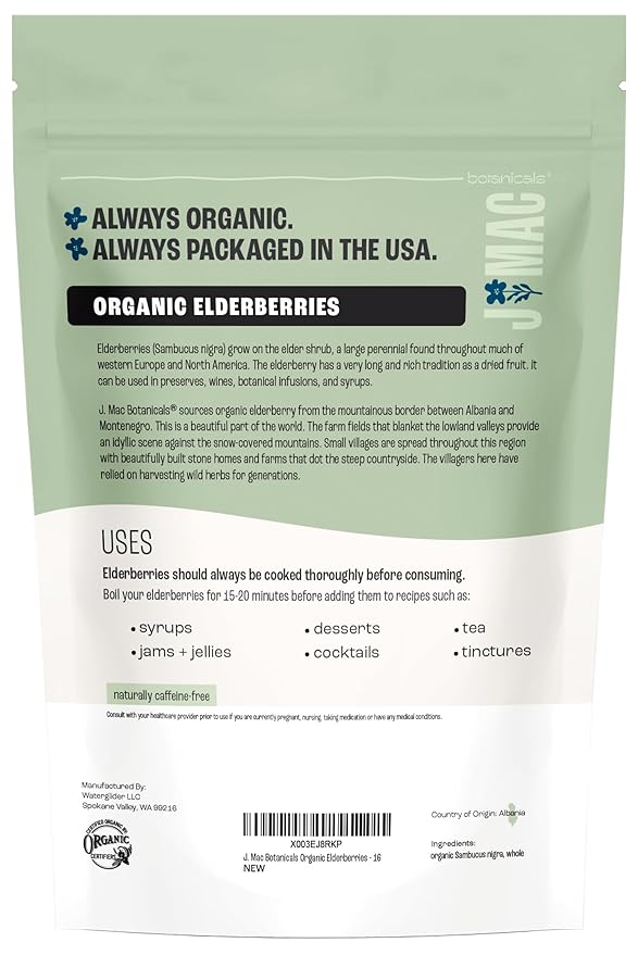 J Mac Botanicals Certified USDA - 100% Organic Dried Elderberries - 1lb Bulk - Non-Irradiated, Non-GMO, Whole Black Elderberry Immune Support - Raw Vegan Sambucus 1 Pound