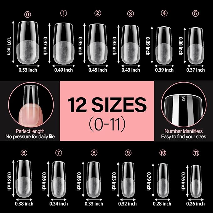 AILLSA Medium Square Nail Tips Full Cover Half Matte Tips Nail Clear Gelly Pre-Shaped Nail Tips Press On False Nail Tip Extension for Home DIY Manicure Salon 216PCS 12 Sizes