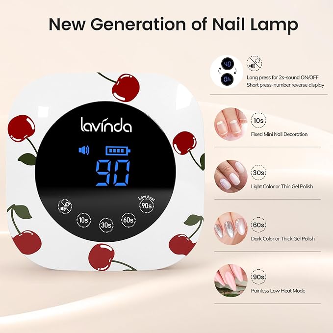 Lavinda 54W Nail Lamp UV Light for Gel Nails Rechargeable Cordless UV Lamp Nail Light with 4 Timer, 2X Faster Professional Gel Polish Curing Nail Dryer for Salon Use-Cherry Print