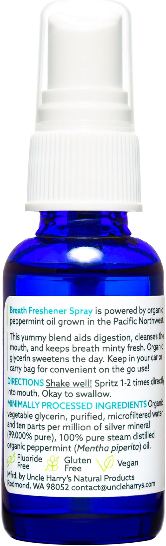 Uncle Harry’s Natural Products Breath Freshener Spray with Pure Organic Pacific Northwest Peppermint Oil and Colloidal Silver – Aids Digestion, Cleanses Mouth, Keeps Breath Minty Fresh, 1 Fluid Ounce